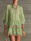 Mint Green Leopard Print Pink Contrast Binding 3/4 Puff Sleeve Tiered Ruffle Chiffon Mini Dress