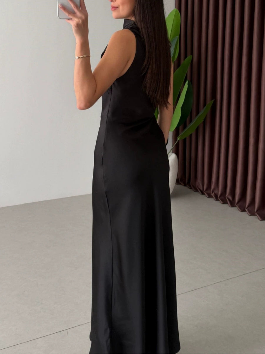 Satin Sleeveless Cowl Neck Bias Midi Slip Dress