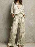 Cream Sage Green Leaf Botanical Print Two Piece Suit