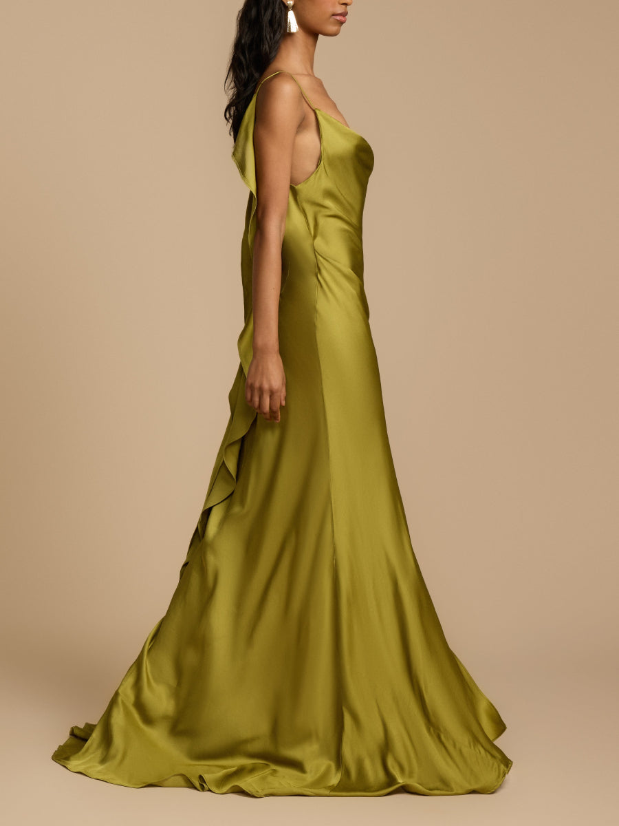 Olive Green Satin Cowl Neck Spaghetti Strap Maxi Dress with High Side Slit