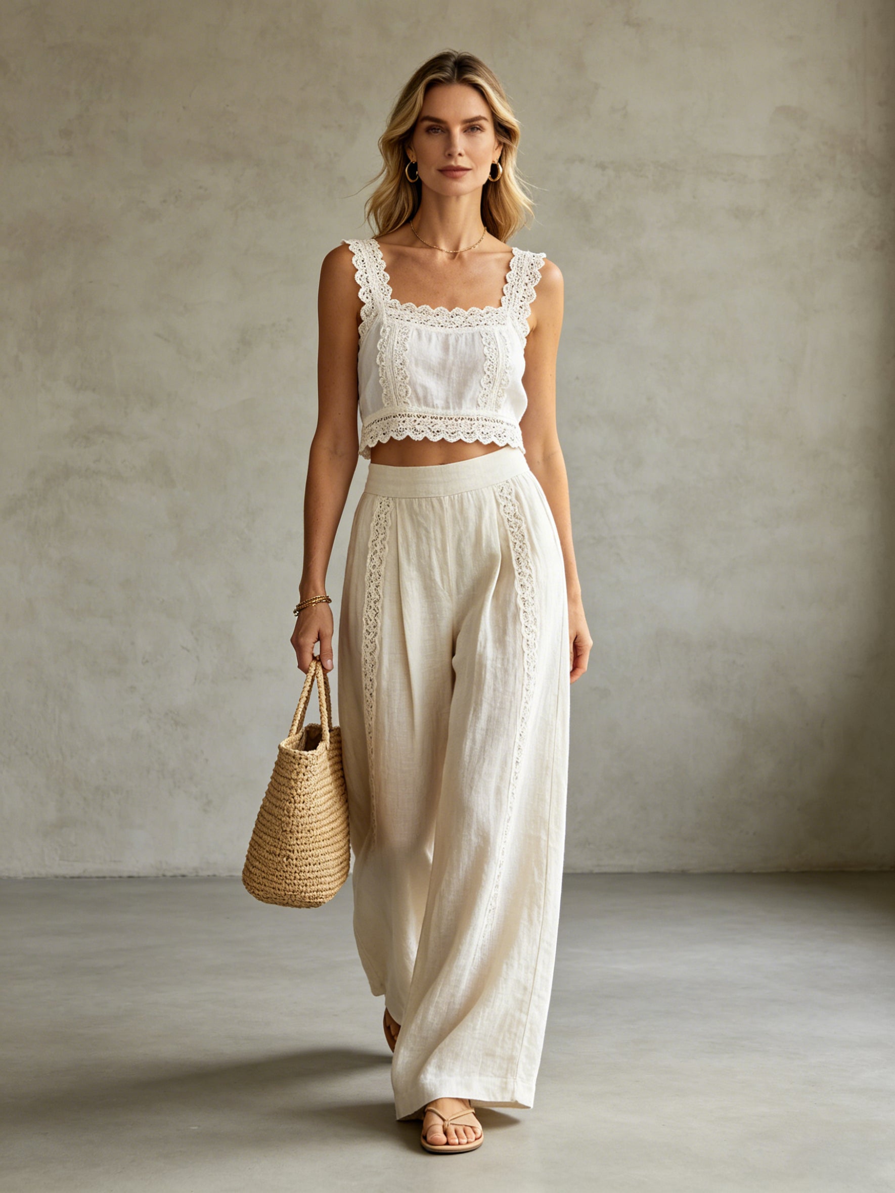 Lace Linen Crop Top & Wide Leg Pants Set | Boho Two-Piece Secondary image