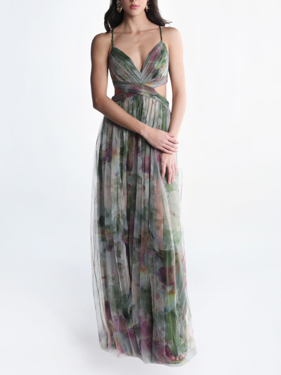 Watercolor Floral Print Tulle Maxi Dress Spaghetti Strap Cutout Waist Formal Gown