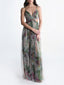 Watercolor Floral Print Tulle Maxi Dress Spaghetti Strap Cutout Waist Formal Gown