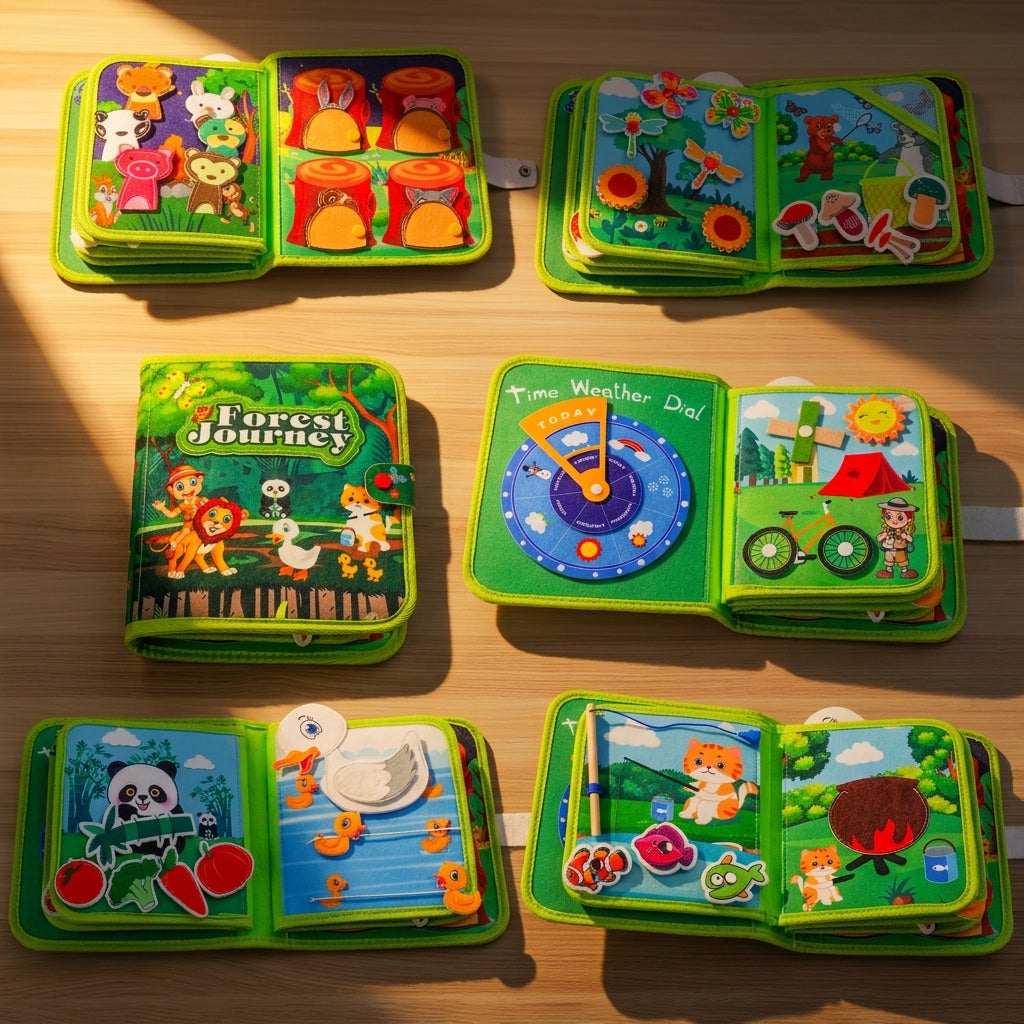 Forest Adventure Quiet Book — Magnetic Fishing, Butterfly Net & Hollow Log Hide & Seek