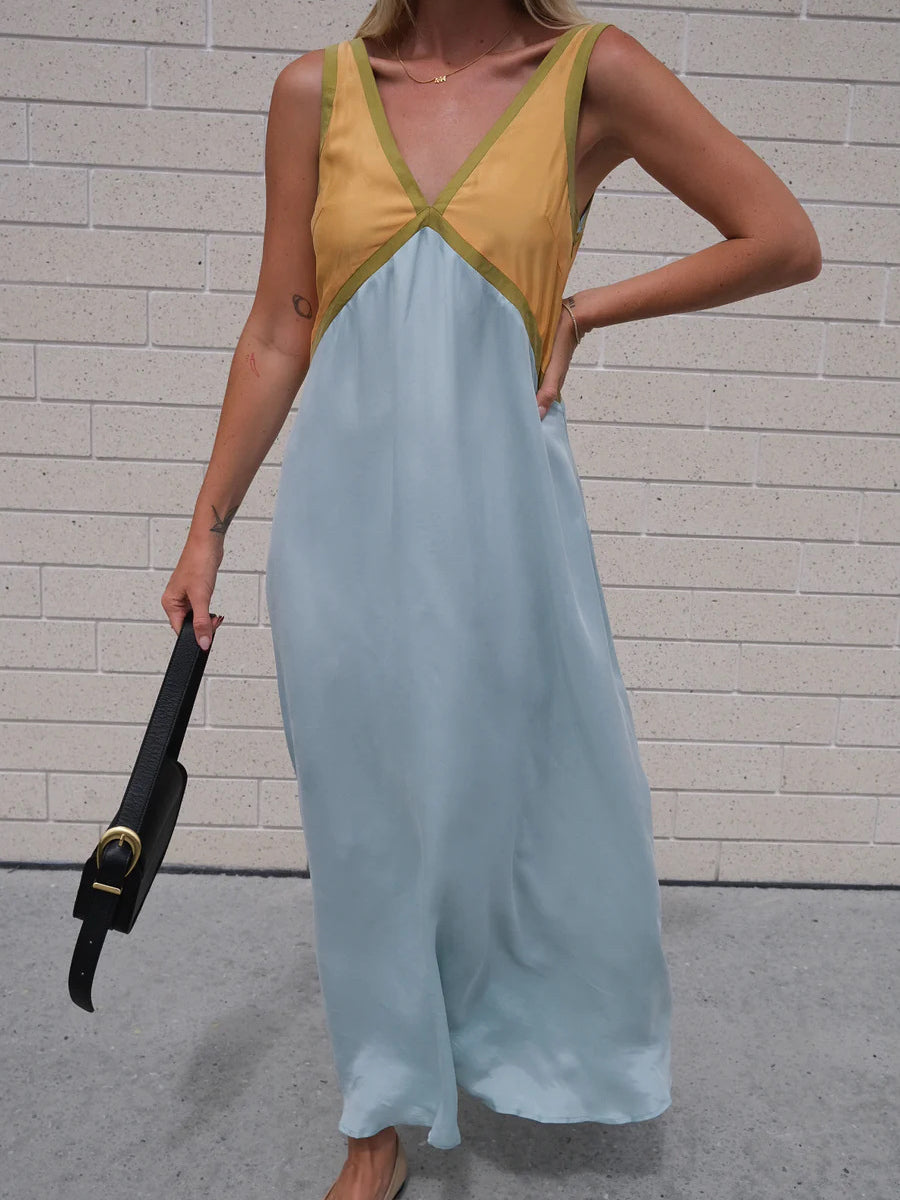 Minimalist Contrast Edge V Neck Satin Slip Maxi Dress