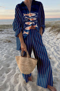 Navy striped linen-blend short-sleeve shirt and wide-leg pants set with a coastal fish print