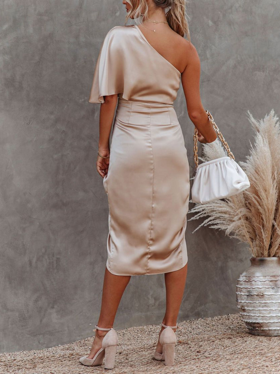 Elegant One Shoulder Draped Satin Slim Fit High Side Slit Evening Mid Dress