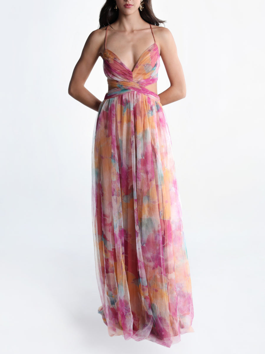 Watercolor Floral Print Tulle Maxi Dress Spaghetti Strap Cutout Waist Formal Gown