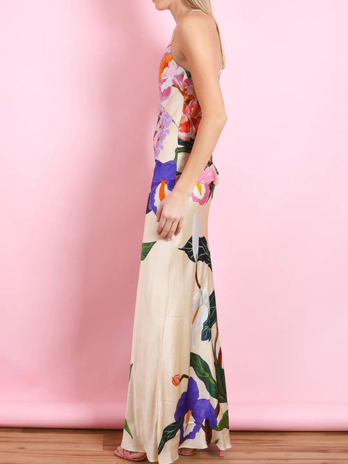 Cream Base Large Colorful Tropical Floral Print Spaghetti Strap V Neck Satin Maxi Slip Dress