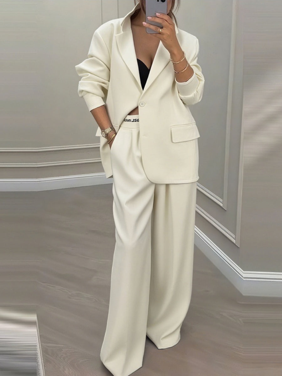 Elegant long-sleeved jacket and casual wide-leg pants suit set