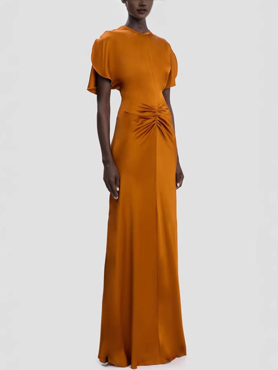Women's Burnt Orange Satin Maxi Dress - Ruffle Sleeve Ruched Waist Formal Gown for Wedding Guest & Evening Events