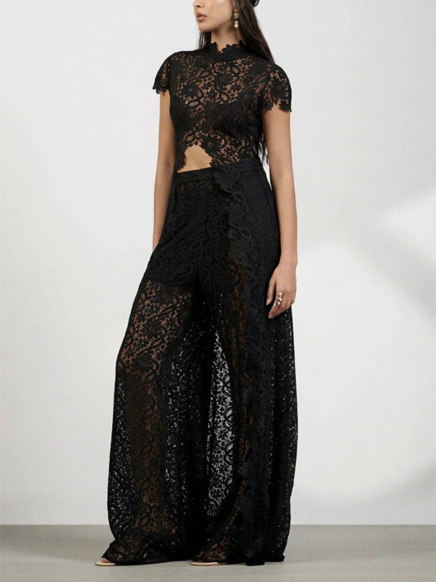 Floral Lace Cutout High Neck Wide Leg Pants Two Piece Matching Set