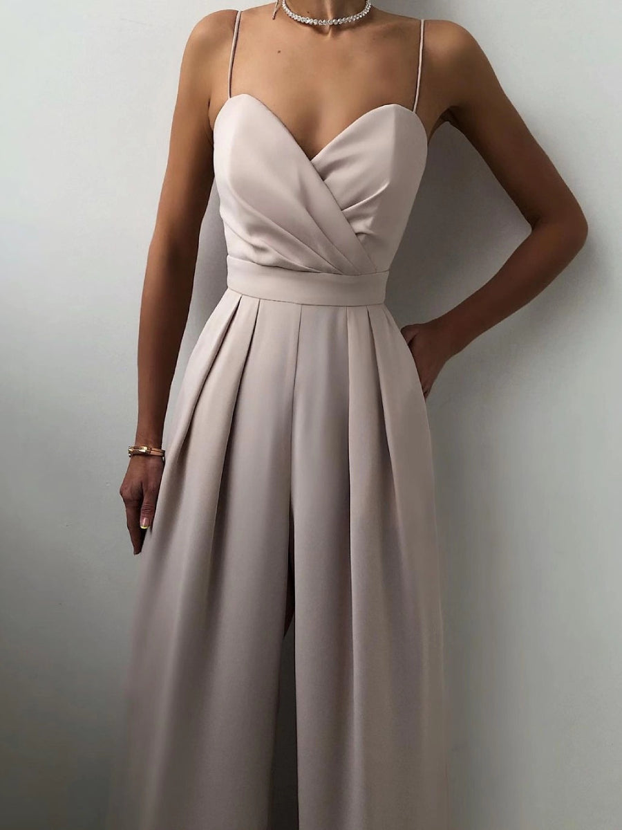 Women Satin Fold Ruched Bust Thin Strap Jumpsuit