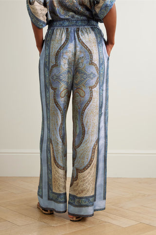 Women's Blue Paisley Print Linen 2-Piece Co-Ord Set - Short Sleeve Shirt & Wide Leg Pants for Boho Resort Wear