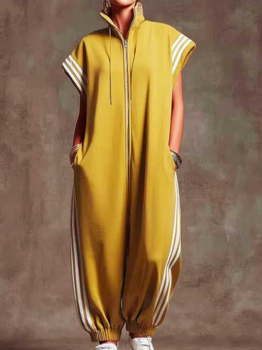 Three Stripe Sleeveless Zip Up Oversized Jogger Jumpsuit