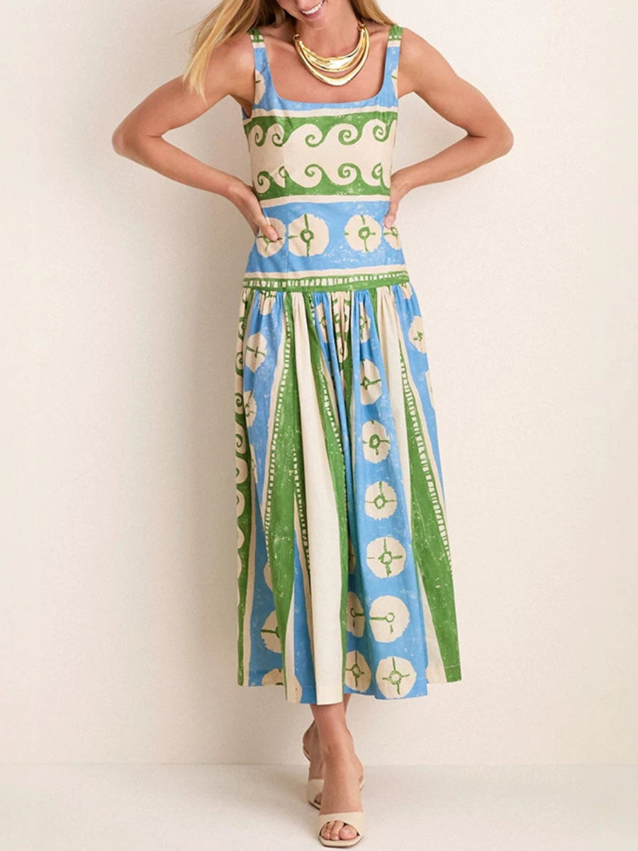 Retro Geometric Spiral Print Square Neck Cami Midi Dress