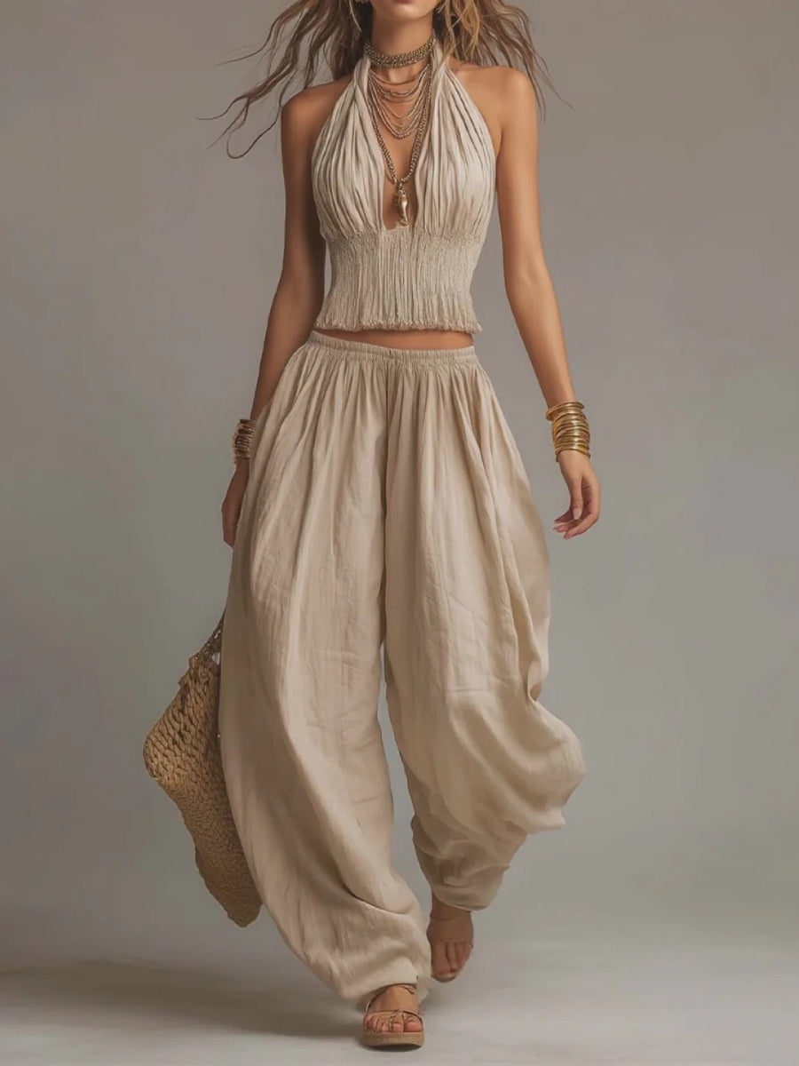 Linen Halter Ruched Smocked Crop Top Harem Wide Leg Pants Two Piece Matching Set