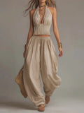 Linen Halter Ruched Smocked Crop Top Harem Wide Leg Pants Two Piece Matching Set