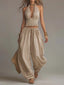 Linen Halter Ruched Smocked Crop Top Harem Wide Leg Pants Two Piece Matching Set