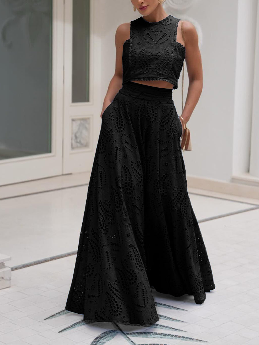 Romantic Hollow Embroidery Sleeveless Crop Top High Waist Flared Maxi Skirt Co Ord Set Secondary image