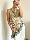 Draped Cowl Neck Sleeveless Asymmetric Hem Shiny Satin Blouse