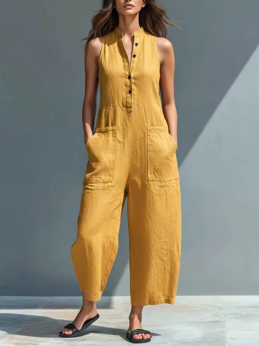 Minimalist Solid Black Pocket Detail Sleeveless Half Placket Linen Wide Leg Jumpsuit