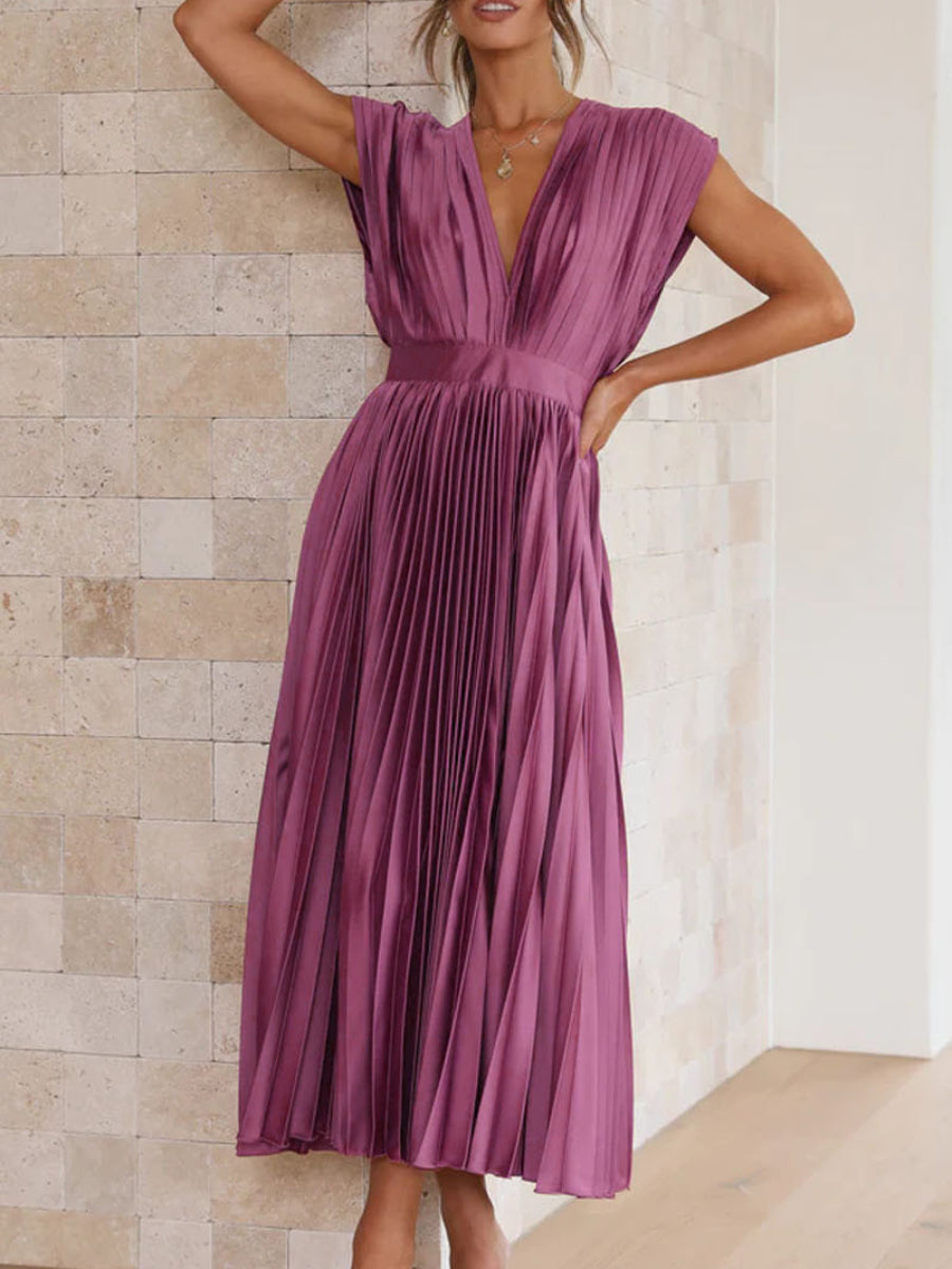 Minimalist Solid Champagne Pleated Satin Deep V Neck Flowy Midi Dress