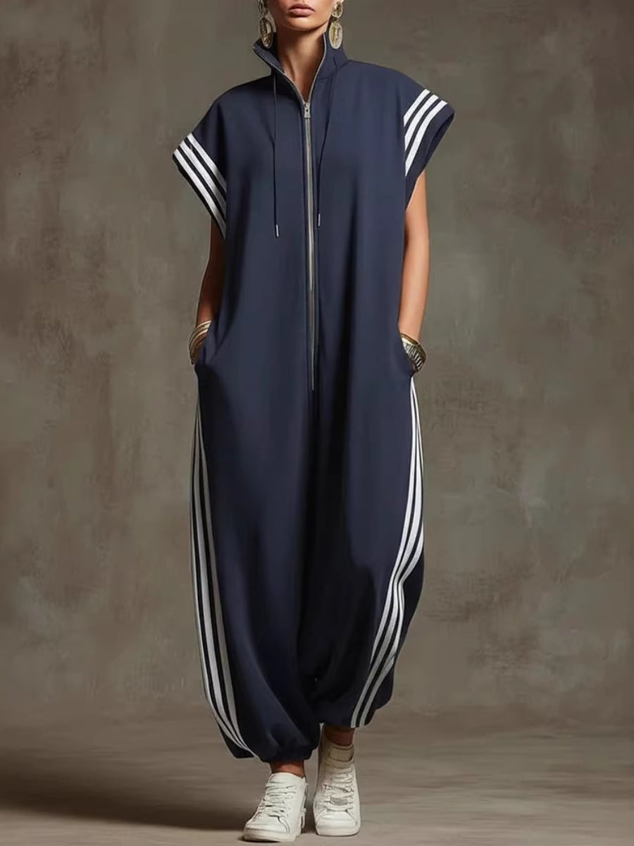 Three Stripe Sleeveless Zip Up Oversized Jogger Jumpsuit