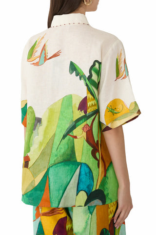 Women's Abstract Botanical Print 2-Piece Co-Ord Set - Oversized Shirt & Wide Leg Pants for Summer Beach Vacation