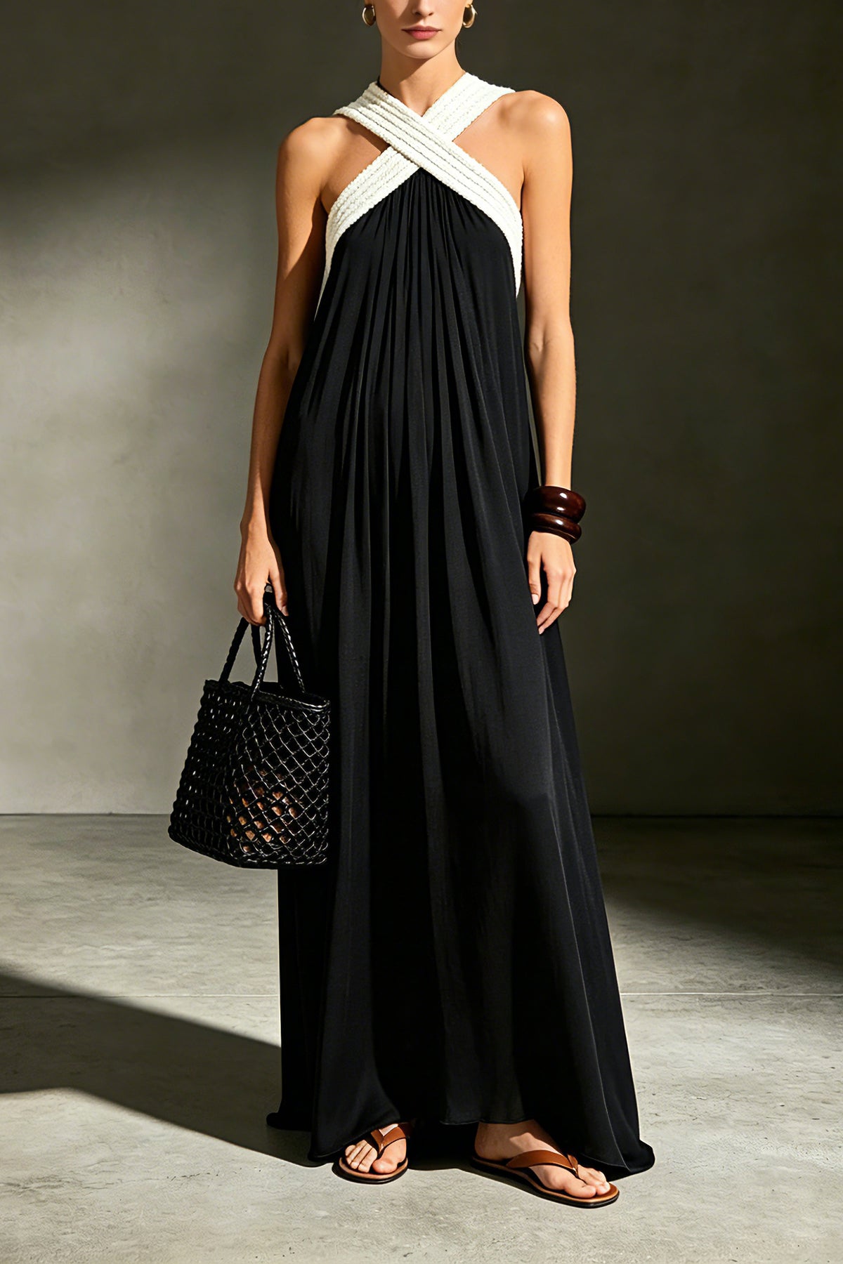 Cross Halter Neck Pleated Flowy Maxi Dress