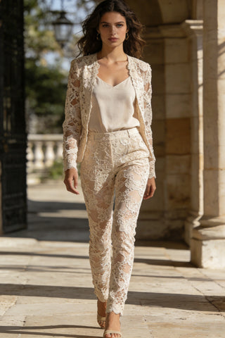 Women's Ivory Lace 3-Piece Set - Long Sleeve Blazer, Satin Camisole & Trousers for Bridal Shower Formal Cocktail Event