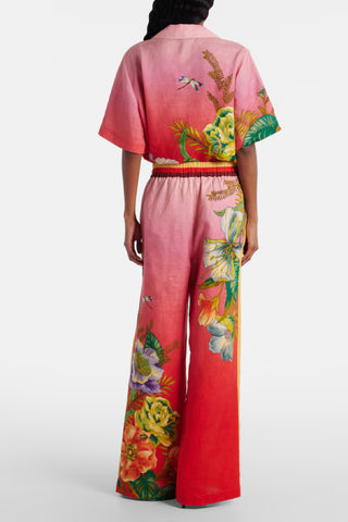 Women's Red Ombre Floral Print Linen 2-Piece Co-Ord Set - Short Sleeve Shirt & Wide Leg Pants for Summer Resort Wear