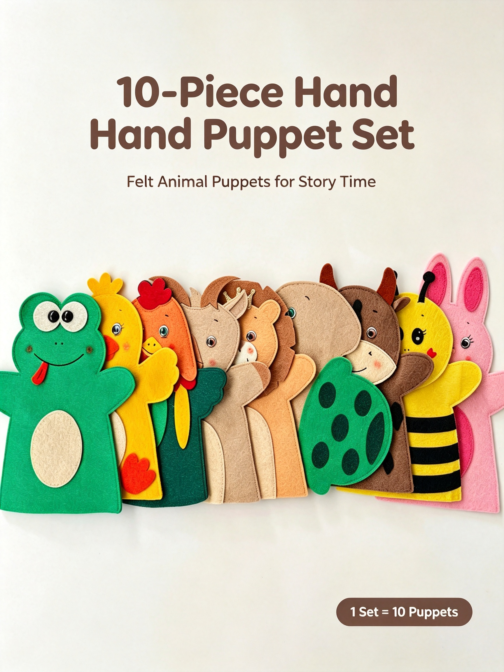 Set de 10 marionetas de mano de fieltro con forma de animales: juguetes educativos para la hora del cuento y el juego infantil. Main image