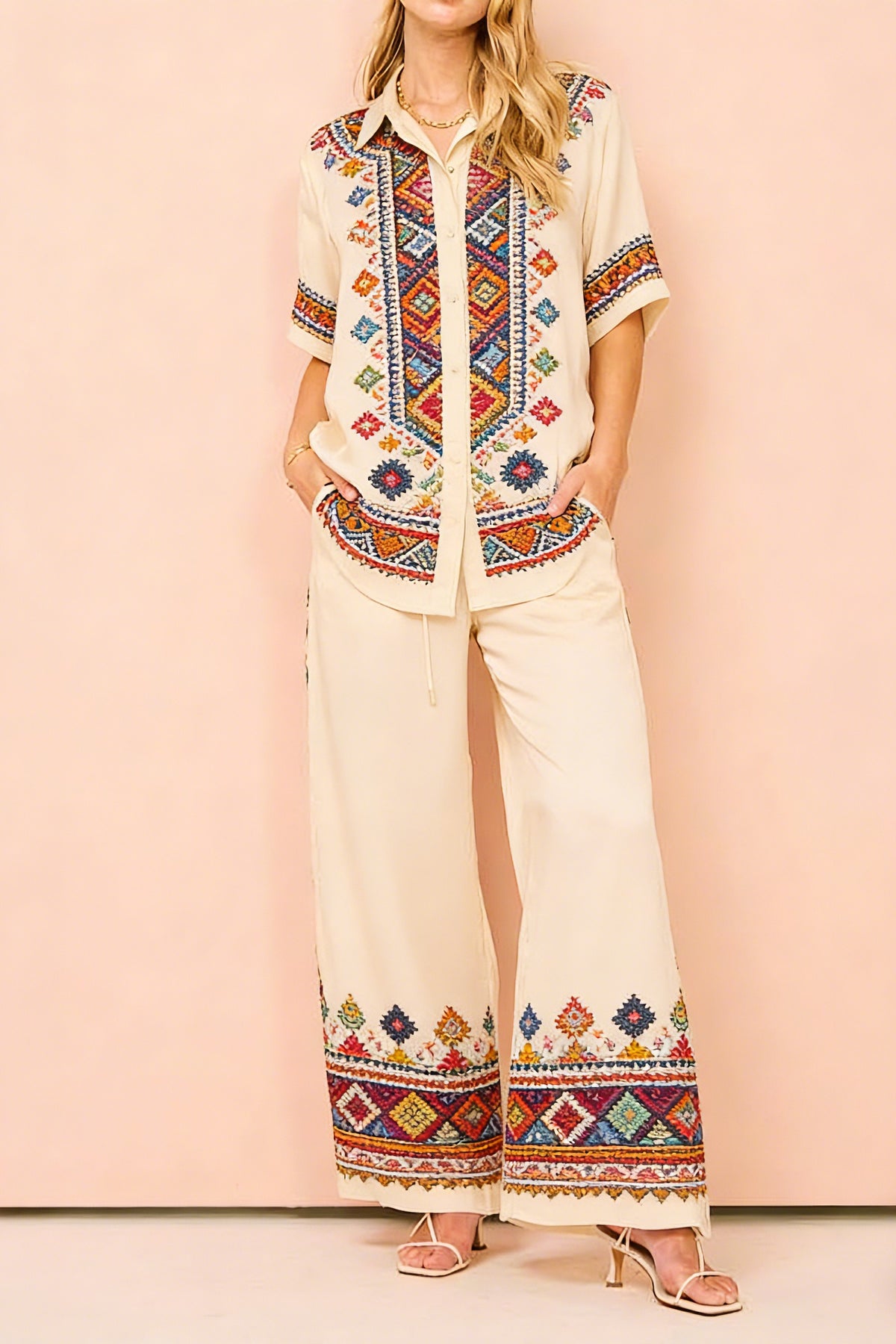 Women's Boho Embroidered Linen 2-Piece Co-Ord Set - Beige Short Sleeve Shirt & Wide Leg Pants for Festival Vacation Casual Wear