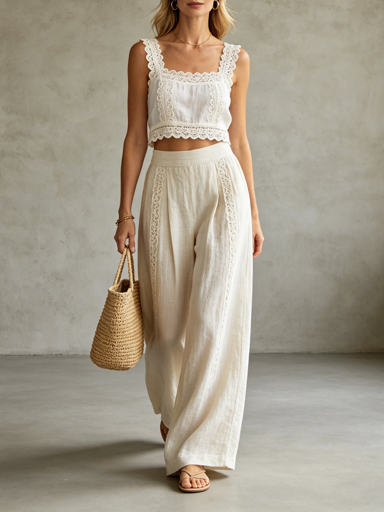 Lace Linen Crop Top & Wide Leg Pants Set | Boho Two-Piece Main image