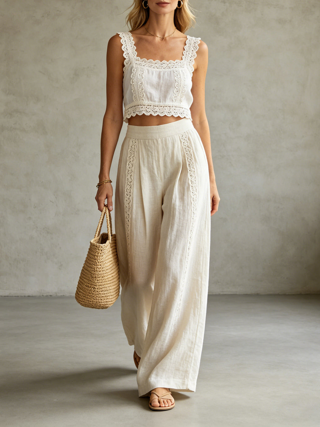 Lace Linen Crop Top & Wide Leg Pants Set | Boho Two-Piece