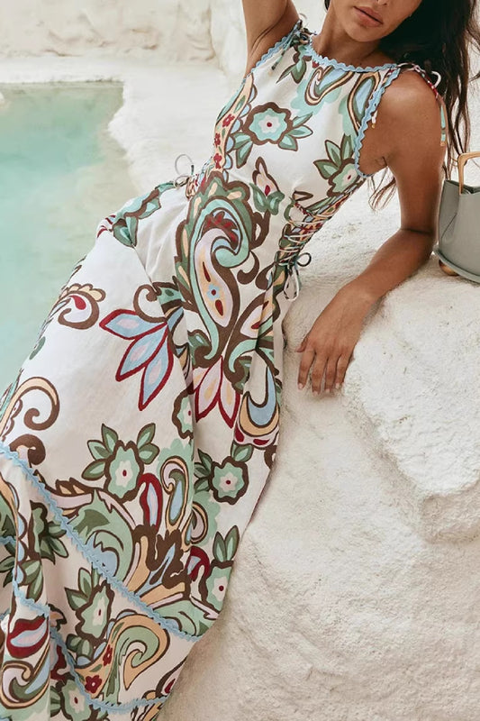 Women's White Paisley Floral Print Midi Dress - Sleeveless Lace-Up Side Scalloped Trim Boho Dress for Summer Vacation