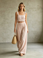 Lace Linen Crop Top & Wide Leg Pants Set | Boho Two-Piece