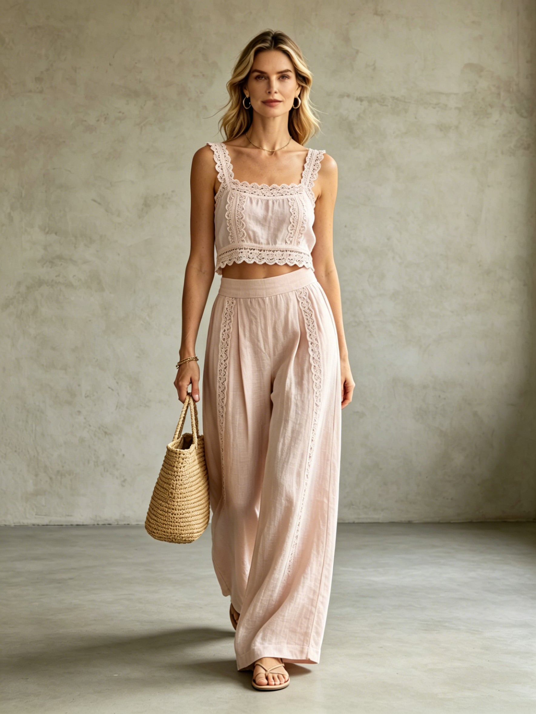 Lace Linen Crop Top & Wide Leg Pants Set | Boho Two-Piece