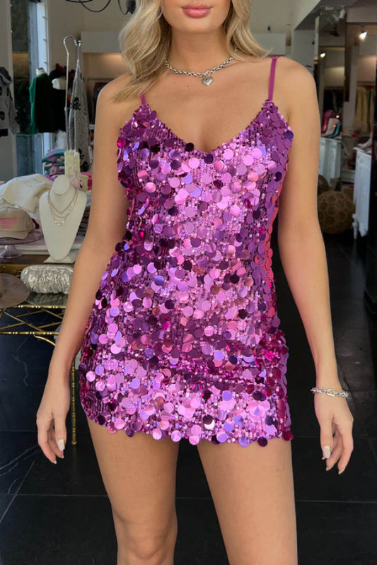 Women's Red Large Sequin Spaghetti Strap Bodycon Mini Dress - Sleeveless Party Clubwear for Night Out