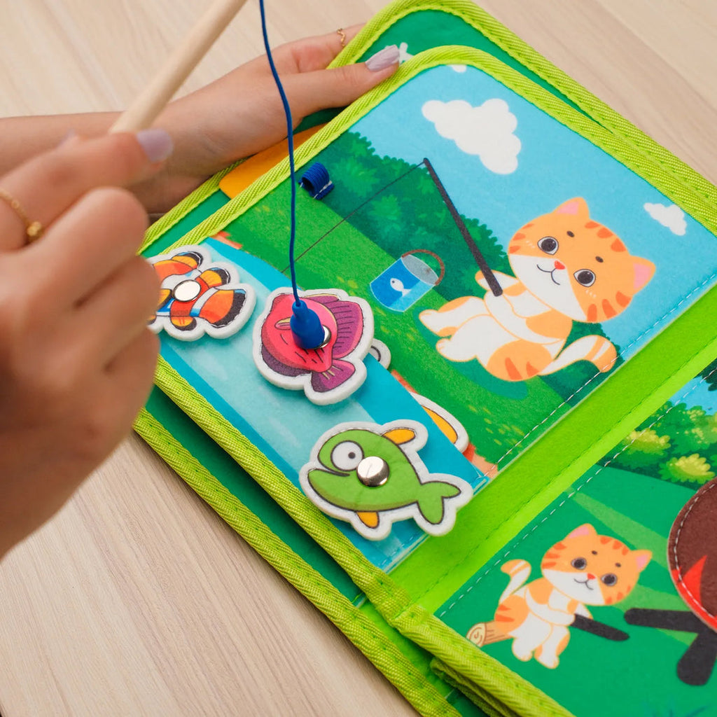 Forest Adventure Quiet Book — Magnetic Fishing, Butterfly Net & Hollow Log Hide & Seek
