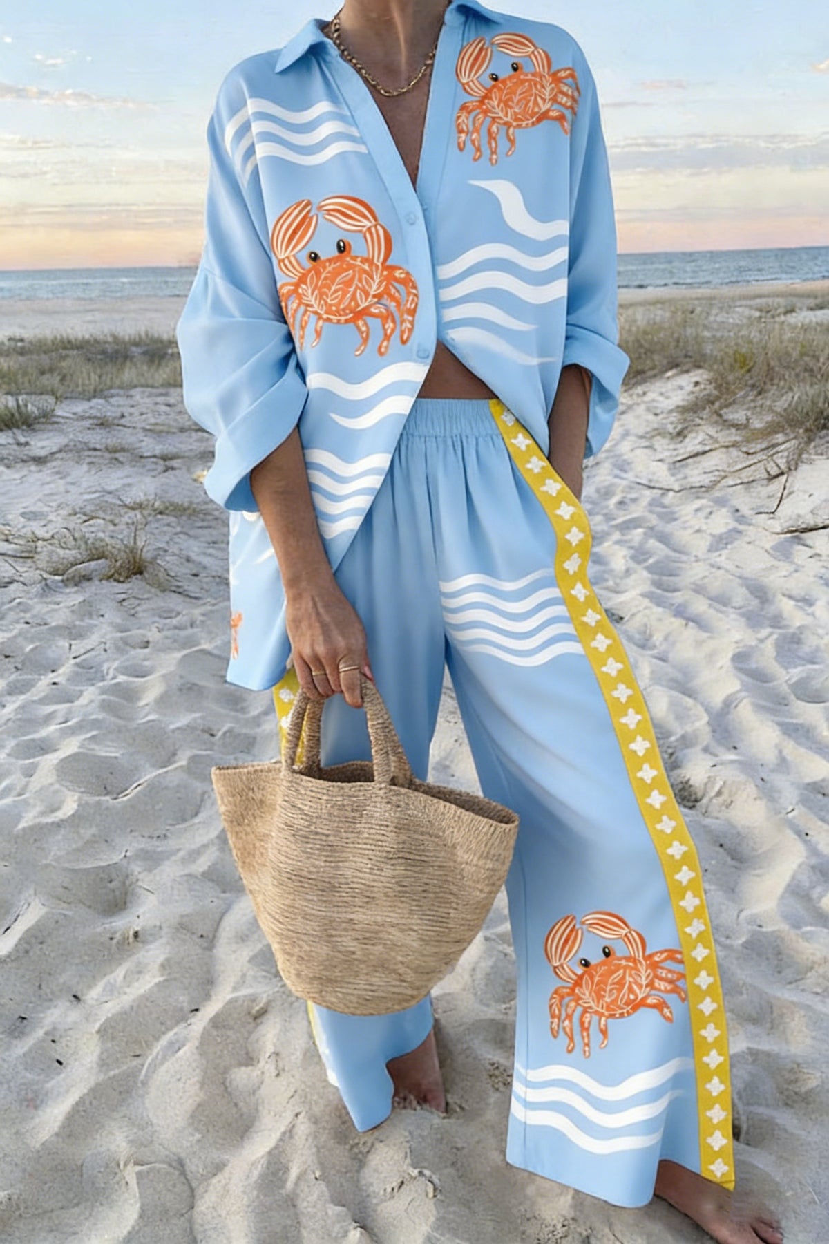 Women's Light Blue Crab Print 2-Piece Beach Outfit - Button Down Shirt & Wide Leg Pants Summer Vacation Co-Ord Set