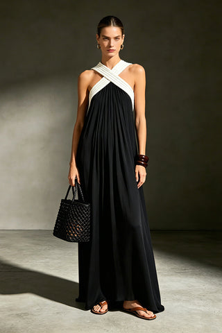 Cross Halter Neck Pleated Flowy Maxi Dress