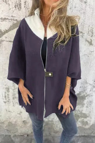 Loose zipper stand up collar jacket
