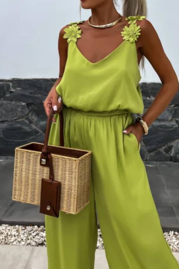 Solid Color Embroidered Flower Suspenders Casual Loose Jumpsuit Main image