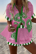 Linen-blend two-piece set with a collared shirt and elastic-waist shorts