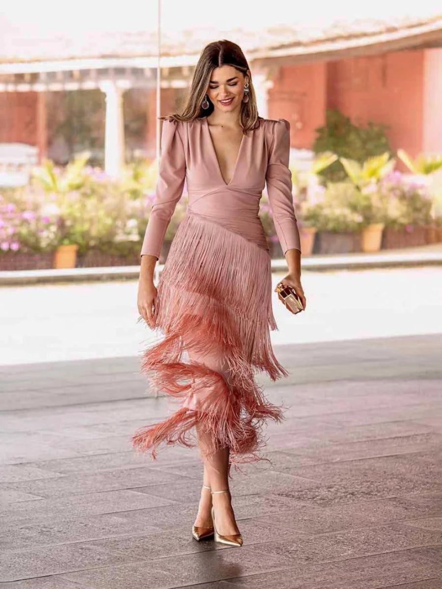 Puff Sleeve Deep V Wrap Waist Multi-Layer Fringe Midi Party Dress Secondary image