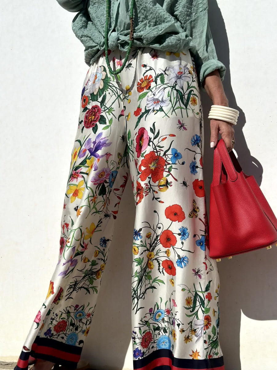 White Base Vibrant Wild Floral Print Collar Shirt Wide Leg Pants Two Piece Matching Pants Set