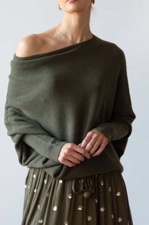 Black Pleated Knit Slash-Neck Pullover