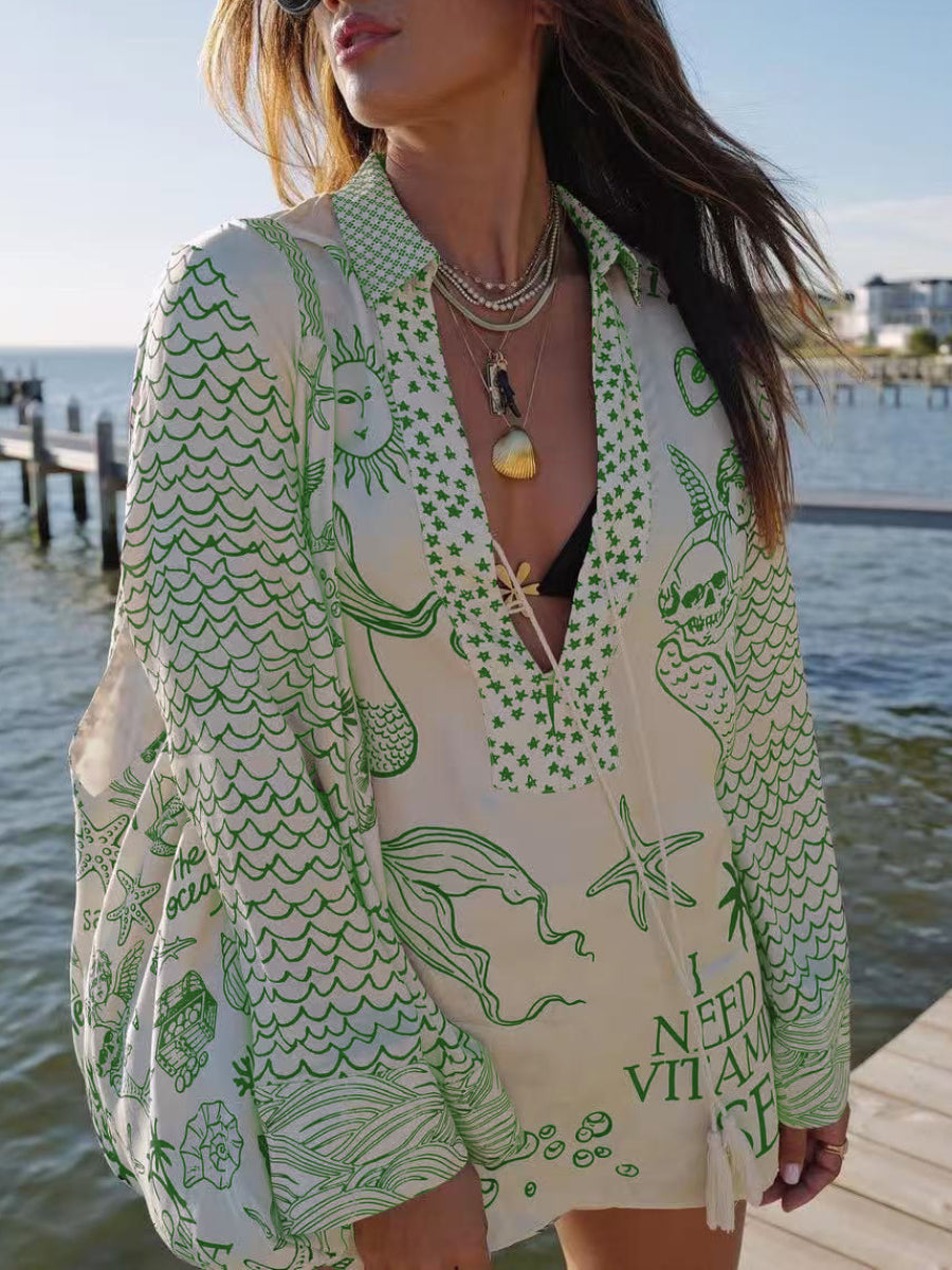 Cream Mermaid Ocean Print Tassel V Neck Long Sleeve Blouse & High Waist Shorts Two Piece Set